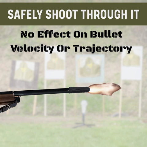 All Weather Rifle Barrel Cover For Most Guns Muzzle Protection showing bullet leaving a gun muzzle with cover on