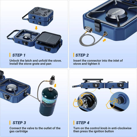 Steps to set up Beefy Two Burner Camp Stove With Foldable Griddle, Portable 24000 BTU Propane Stove For Camping, built tough.