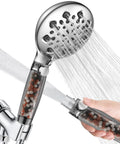 Close-up of Hard Water Filtered Handheld Shower Head With 9 Spray Modes And Boss High Pressure Jet Flush, detachable handle shown