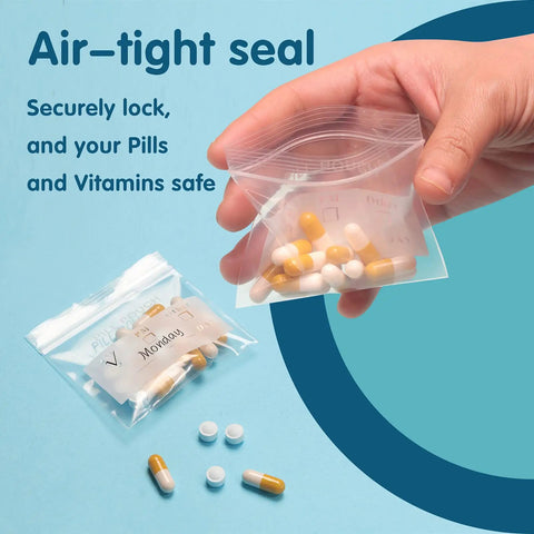 Hand holding 125 Packs 6 Mil Pill Bags BPA Free Waterproof Zip Lock Pouches 3 x 2.75 Inch with pills inside, blue background.