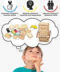 Child imagining building with Four Model STEM Kit Set for kids ages 8 13, showing wooden parts and assembled project.