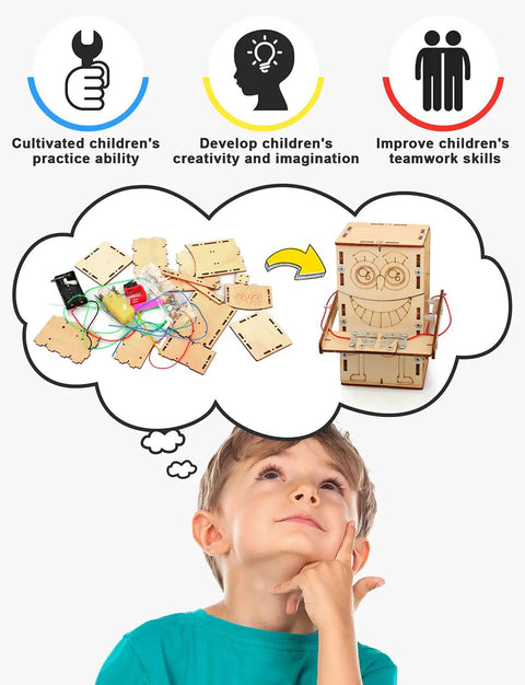 Child imagining building with Four Model STEM Kit Set for kids ages 8 13, showing wooden parts and assembled project.