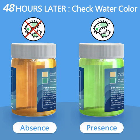 Coliform Bacteria Water Test Kit 12-Pack Super Sensitive For Well Water Tap Pool Spring Pond Lake showing test results in jars.