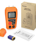 Wood Moisture Meter Digital Pin Type Moisture Detector with packaging, battery, and manual visible