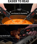 Lightning Fast One Second Instant Read Meat Thermometer With 180 Degree Rotating Display IP67 Waterproof For Deep Fry Grill BBQ And Smoker showing temperature in pie and steak.