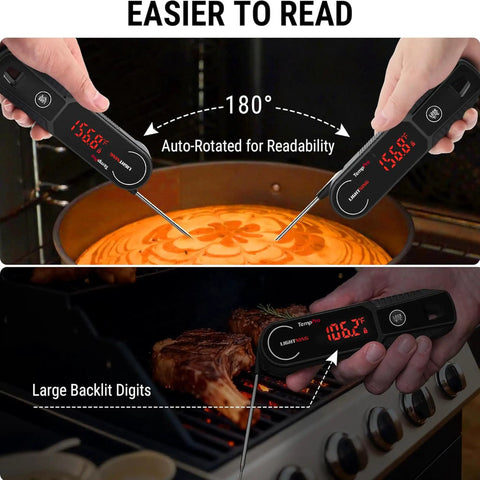 Lightning Fast One Second Instant Read Meat Thermometer With 180 Degree Rotating Display IP67 Waterproof For Deep Fry Grill BBQ And Smoker showing temperature in pie and steak.