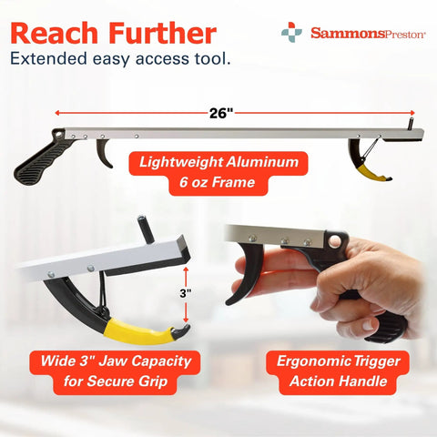 26 Inch Reacher Grabber Tool With Lightweight Aluminum Build Trash Picker And Garden Nabber Reaching Claw Portable Dressing Aid Handy Pickup Tool For Reaching High Shelves And Dropped Items