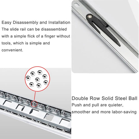 Heavy Gauge Steel Full Extension Drawer Slides With Secure Push Lock Handle And Ridiculously Smooth Ball Bearing Glide showing disassembly ease and double row steel balls.