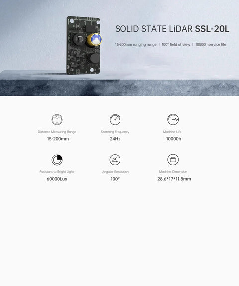Front view of Solid State Lidar Sensor SSL-20L For Indoor And Outdoor Obstacle Avoidance, 24 Hz Scan, 100 Degree Field Of View.