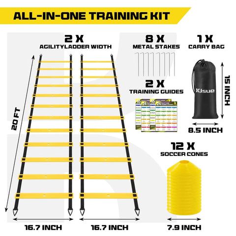 Two Pack 20ft Agility Ladder Set For Parallel Footwork Drills, 40ft Total Speed Ladders With 12 Cones, 8 Stakes, Carry Bag, Yellow Training Gear