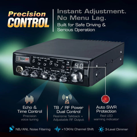 RCI-39VHP Plus 10 Meter Amateur Radio with black chrome front panel, auto SWR warnings, echo talkback, and 80W PEP output.
