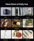Image showcasing various daily use items including a mug, tumbler, goblet, ring, baseball, cone, flowerpot, pet bowl, and necklace.