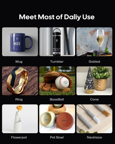 Image showcasing various daily use items including a mug, tumbler, goblet, ring, baseball, cone, flowerpot, pet bowl, and necklace.