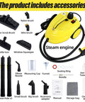 Heavy Duty Rolling Steam Mop With 1800W Beast Mode Power And 2 Liter Tank For Quick Setup And Spotless Shine On Tile Grout Carpet And Car Interiors Daily with accessories shown.