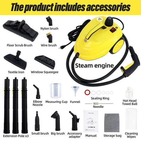 Heavy Duty Rolling Steam Mop With 1800W Beast Mode Power And 2 Liter Tank For Quick Setup And Spotless Shine On Tile Grout Carpet And Car Interiors Daily with accessories shown.