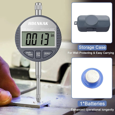 HDLNKAK digital dial indicator gauge with 0-1 in range and inch/mm conversion; includes storage case and battery.