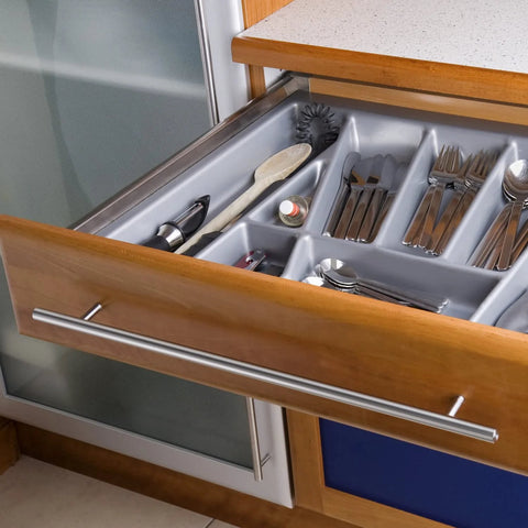 10 Pack Stainless Steel T Bar Cabinet Handles In Satin Brushed Nickel Finish For 24 Inch Length And 15 Inch Hole Center Silver Drawer Pulls For Kitchen Cabinets Cupboards Doors And Bathroom Furniture installed on a wooden kitchen drawer.