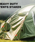 Beefy 8 Inch Screw In Tent Stakes With Hex Head Driver securing a green tent on grass, shown in close-up and full view.