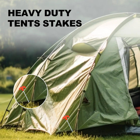 Beefy 8 Inch Screw In Tent Stakes With Hex Head Driver securing a green tent on grass, shown in close-up and full view.