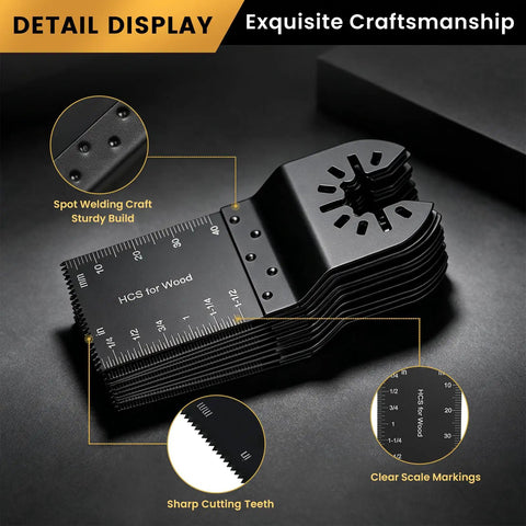 50 Piece Oscillating Blades Kit For Wood And Metal, Dual Material Set With 45 HCS Blades For Clean Wood Cuts And 5 Titanium Coated Blades For Wood Or Metal Tough Jobs, 35mm Blades, Durable Multi Tool Upgrade close-up with scale markings