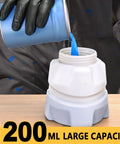 350W Brushless Paint Sprayer Yielding Hella Smooth Finish And No Sweat Operation For DeWalt Batteries Ships With Four Copper Nozzles For Snappy Fence Wall Diy Makeovers pouring blue paint into a 1200ml large capacity container
