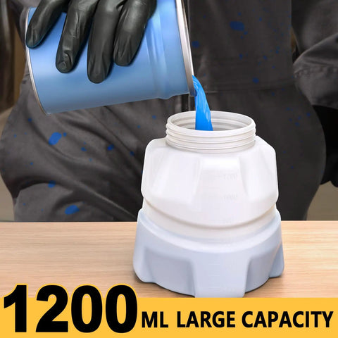350W Brushless Paint Sprayer Yielding Hella Smooth Finish And No Sweat Operation For DeWalt Batteries Ships With Four Copper Nozzles For Snappy Fence Wall Diy Makeovers pouring blue paint into a 1200ml large capacity container