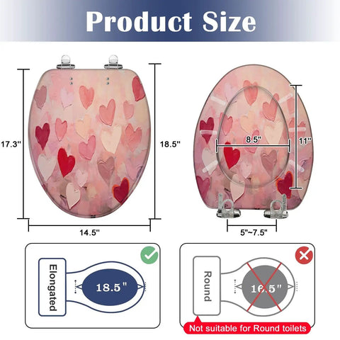 Fun Elongated Toilet Seat Resin for Bathroom Use with dimensions 18.5 x 14.5 inches, featuring a heart design.