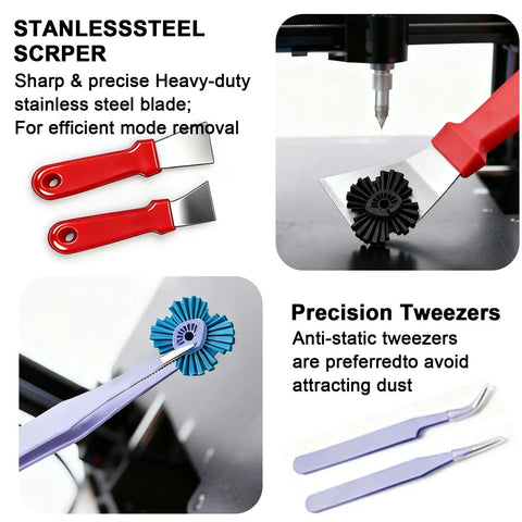 Must-Have 53 Piece 3D Printer Tool Kit showing scrapers, tweezers, and cleaning accessories for print maintenance.