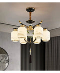 Sharp Chinese Style Crystal Ceiling Fan Chandelier For Living Room showcases 6 frosted glass lampshades with gold accents.