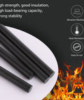 Ten Half Inch Black Acetal Copolymer Round Rods 12 Inch Long Bulk Pack Non Marring Fixture Ready POM Plastic Rods For DIY Projects Machining Prototyping And Crafting, black rods with heat and abrasion icons