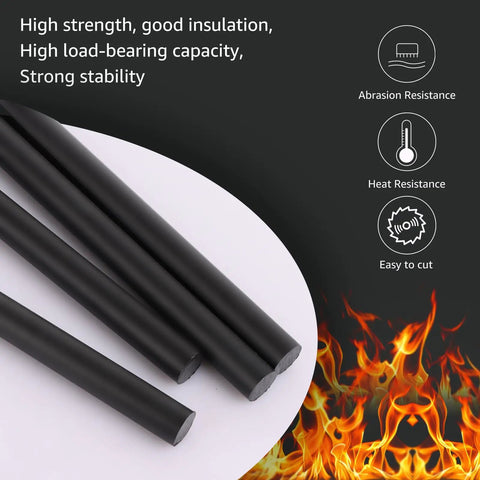 Ten Half Inch Black Acetal Copolymer Round Rods 12 Inch Long Bulk Pack Non Marring Fixture Ready POM Plastic Rods For DIY Projects Machining Prototyping And Crafting, black rods with heat and abrasion icons
