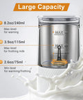 Close-up of 4 In 1 Electric Milk Frother For Coffee At Home with capacity markings for warming and frothing levels.