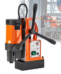MachineMag 110V Electric Magnetic Drill Press 1100W Motor with core drilling, bold orange design, ideal for steel drilling tasks.