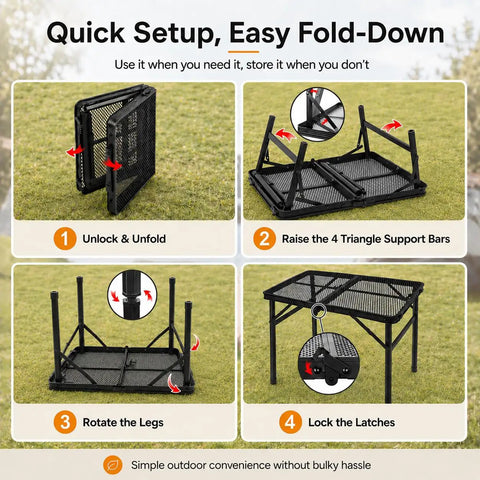 Step-by-step setup for Folding Grill Table With Mesh Desktop For Camping And Outdoor Use, showing unfolding and locking process.