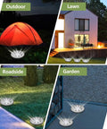 Solar Outdoor 8 LED Ground Lights illuminating campsite, house lawn, roadside path, and garden at night, white 12 pack for safety.