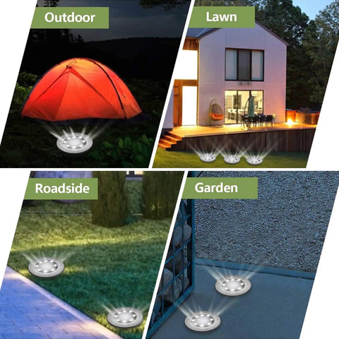 Solar Outdoor 8 LED Ground Lights illuminating campsite, house lawn, roadside path, and garden at night, white 12 pack for safety.
