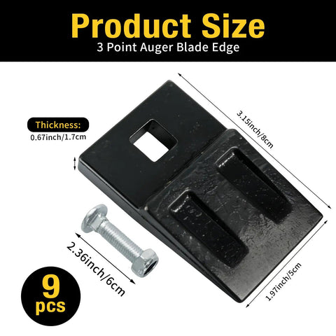 9 Piece 3 Point Auger Teeth With Screws Replacement Set For Heavy Duty Post Hole Diggers Skid Steers And Tractors Square Hole Design Easy Swap And Durable Construction, showing single blade with screw, dimensions included
