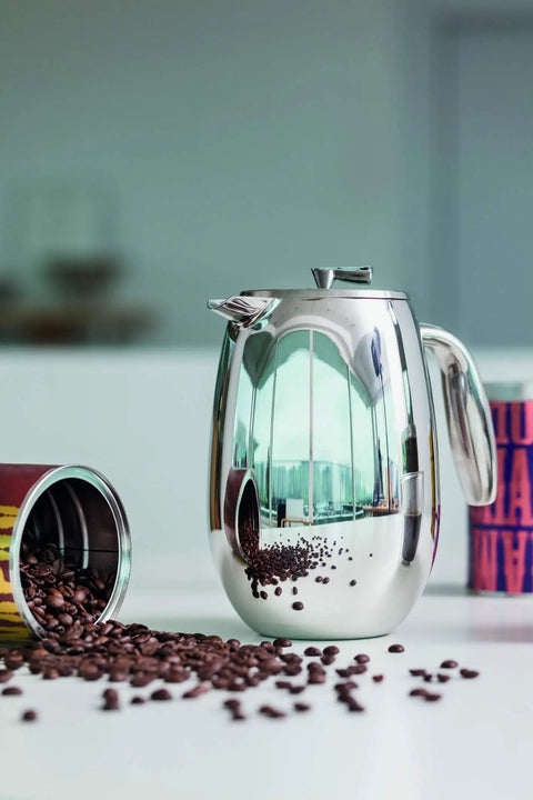 Thermal French Press Coffee Maker 51 Oz Double Wall Stainless Steel Insulated on a countertop with coffee beans.