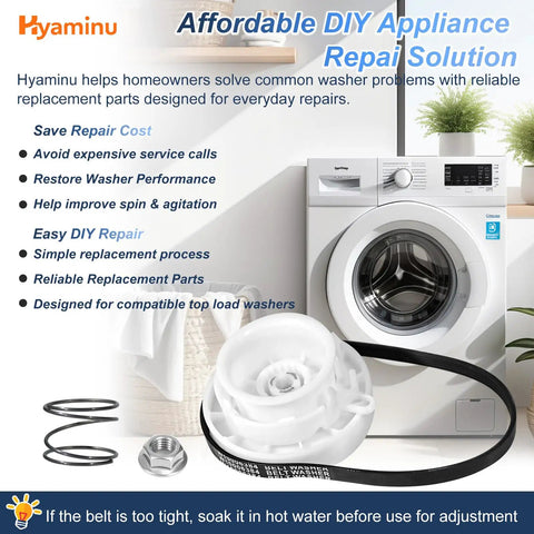 Image of Washer Pulley Clutch Kit With Drive Belt And Splutch Cam Kit For Top Load Washers Replacement Includes W10006384 Belt And W10721967 Clutch Kit For Smooth Agitation And Reliable Spin Fits Whirlpool Maytag Kenmore Amana with washer machine and installation accessories.