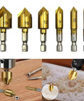 Badass Titanium Coated Hss Countersink Drill Bit Set glides smooth on wood, metal, plastic, showing eight bits in varying sizes.