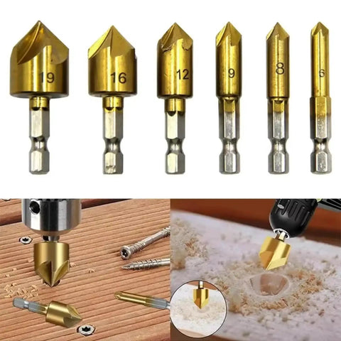 Badass Titanium Coated Hss Countersink Drill Bit Set glides smooth on wood, metal, plastic, showing eight bits in varying sizes.
