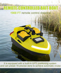 Beast GPS Fishing Bait Boat With 12000mAh Battery, 1640ft Remote Range RC Boat on a lake, yellow color with bait bins visible