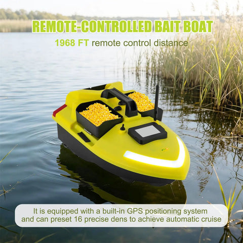 Beast GPS Fishing Bait Boat With 12000mAh Battery, 1640ft Remote Range RC Boat on a lake, yellow color with bait bins visible