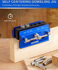 Heavy Duty 2.1 Inch Self Centering Dowel Jig Kit with steel bushings on block, showcasing precision and efficiency for woodworkers.