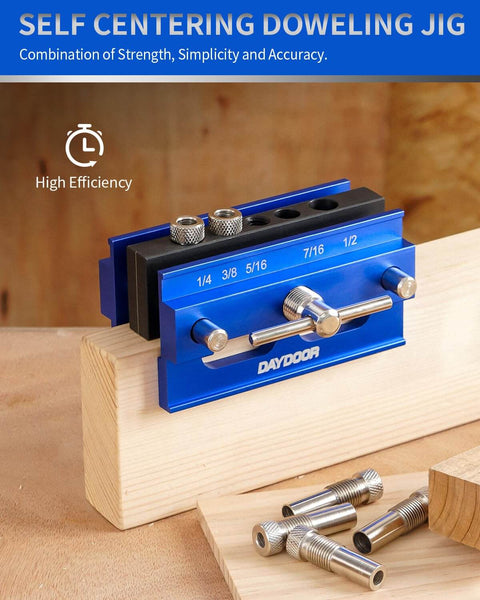 Heavy Duty 2.1 Inch Self Centering Dowel Jig Kit with steel bushings on block, showcasing precision and efficiency for woodworkers.