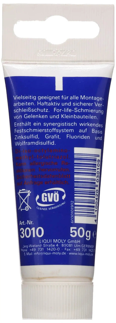 Back of the LM 48 Installation Paste For Engine And Gearbox Assembly 50g tube showing ingredients and specifications