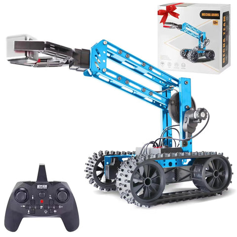 Blue robotic arm kit on a tracked base with remote control; box packaging visible in background.