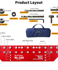 Shelf Pin Jig For Quick And Precise Shelf Installation, Drills 11 Holes In One Pass With All Metal Construction, Includes One Quarter Inch And Five Millimeter Drill Bits, Self Contained Clamping System, Cabinet Hardware Drill Guide With Storage Bag layout diagram