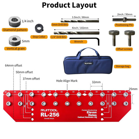 Shelf Pin Jig For Quick And Precise Shelf Installation, Drills 11 Holes In One Pass With All Metal Construction, Includes One Quarter Inch And Five Millimeter Drill Bits, Self Contained Clamping System, Cabinet Hardware Drill Guide With Storage Bag layout diagram