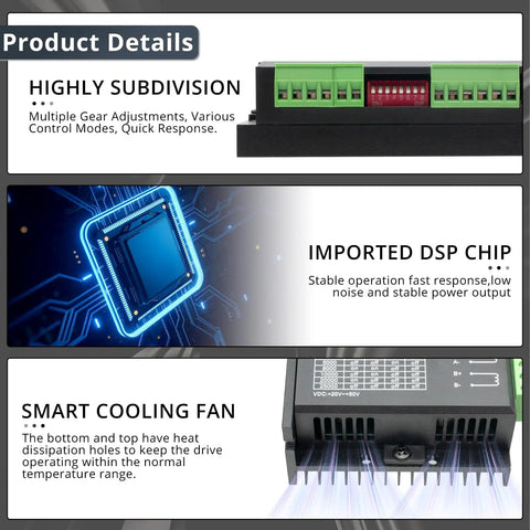 CNC Stepper Motor Driver And Controller 1.4 To 5.6A 20 To 50V DC 2 Phase 128 Micro Step For Nema 17 23 And 34 Motors showing control features
